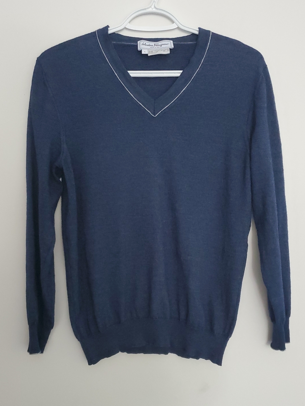Salvatore Ferragamo Navy Wool Silk V-Neck Sweater L